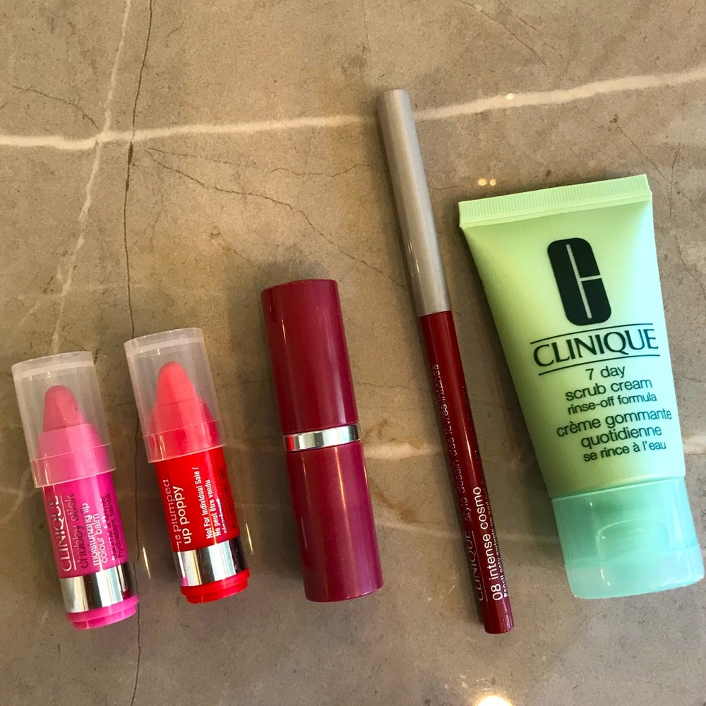 New. Clinique Selection Of Products. Lipstick, Lip Liner, Chubby Sicks, Scrub